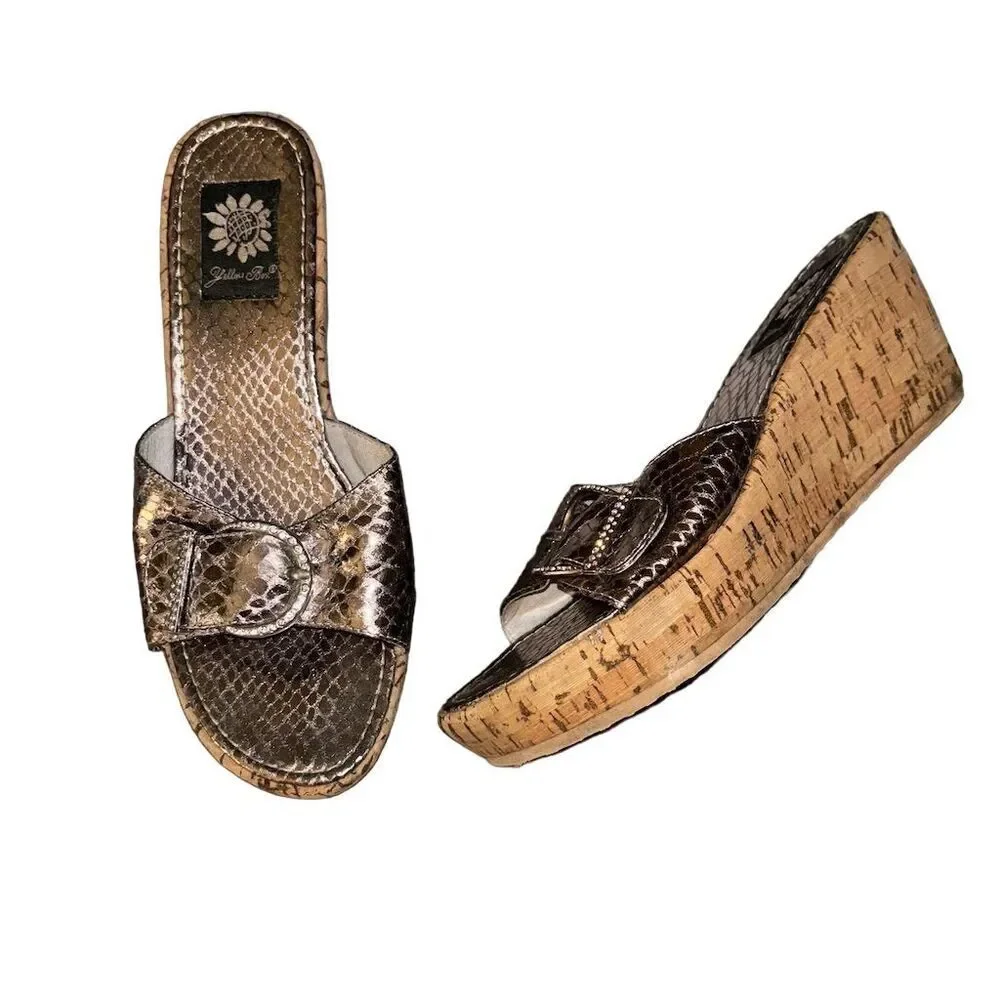 Yellow Box Shelly Bronze Rhinestone Snakeskin Cork Wedge Sandals - Picture 3 of 12